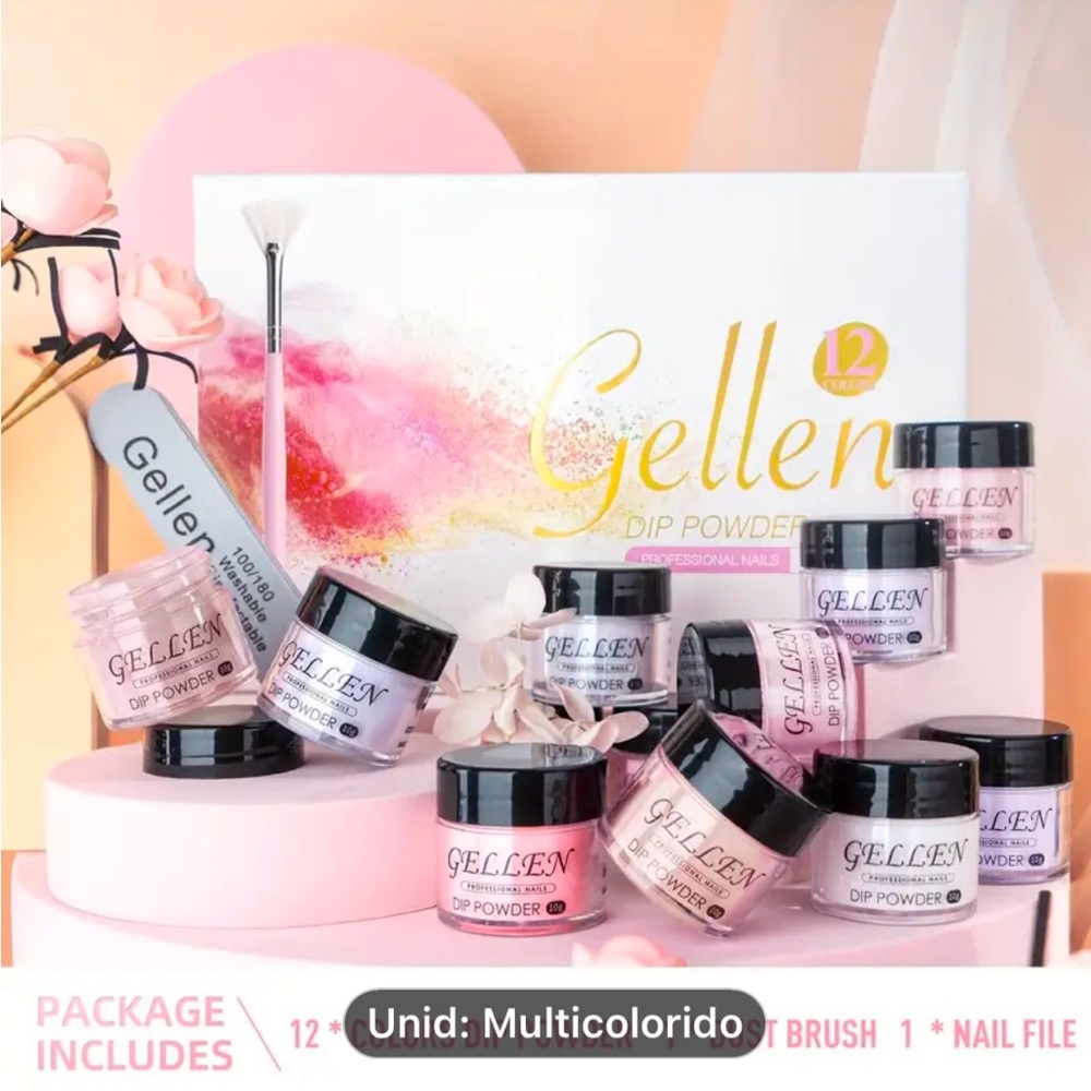 Gellen Powder Nail Kit with 12 Neutral Nude and Gray Colors.